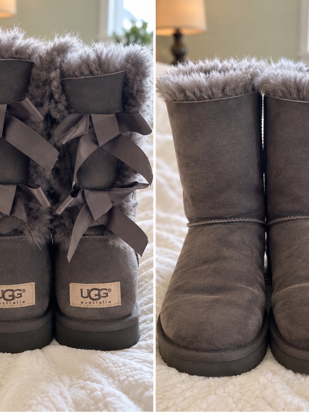 UGG Women's Gray Suede Bow-Back Shearling Boots